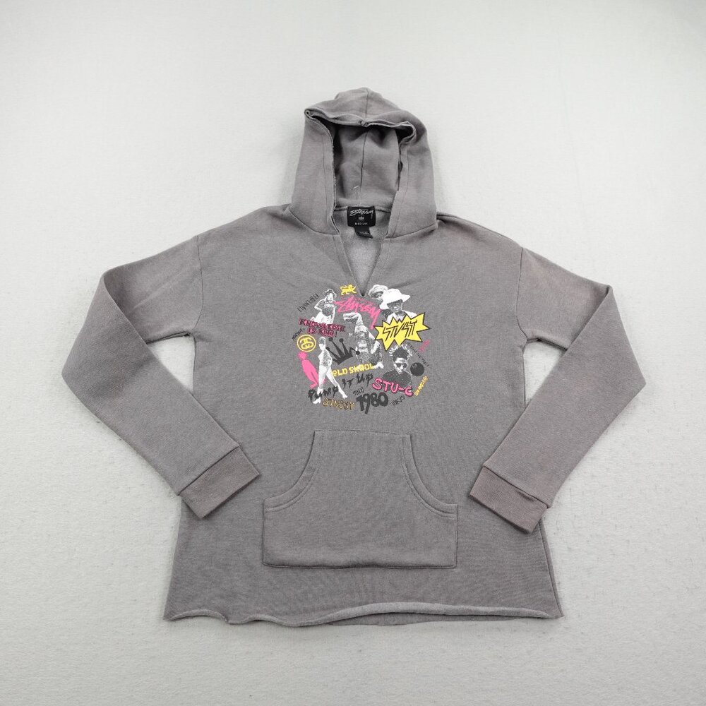 Stussy Hoodie Womens Medium Gray Sweatshirt Pullover Split Neck Raw Hem Fleece
